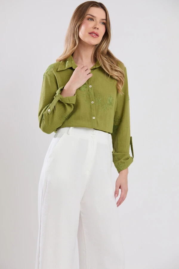 Camisa Cenarium Viscolinho Bordado Verde