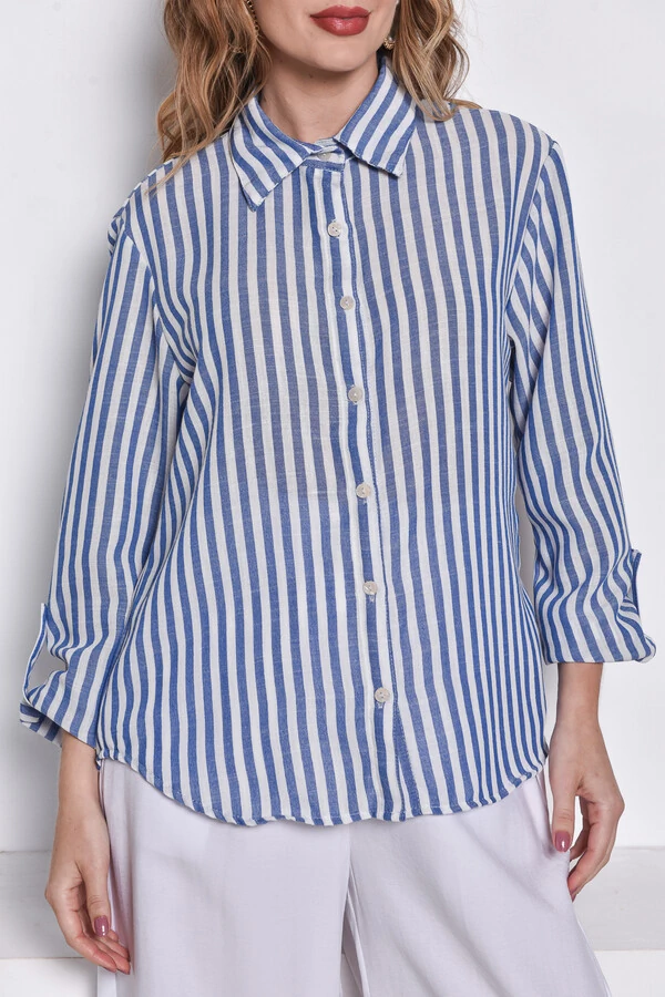 Camisa Imitação Linho Listrado Azul Jeans