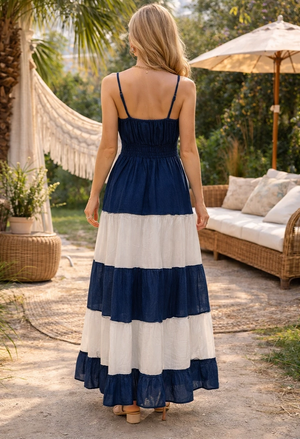 Vestido Longo Bohô Bicolor com Bordado e Amarração