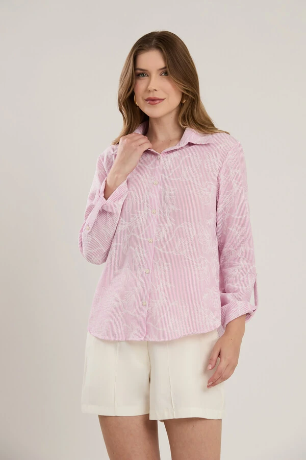 Camisa Cenarium Textura Linho Listrada Floral Rosa