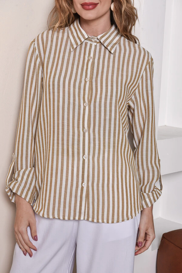 Camisa Textura Linho Listrada Bege