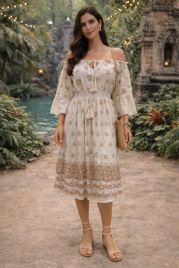 Vestido Midi Boho Off White Bordado