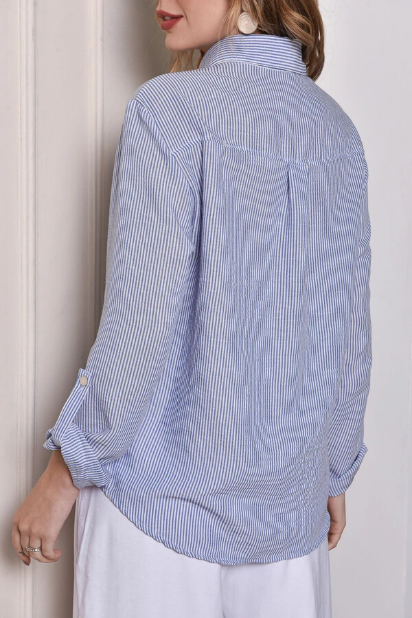 Camisa Textura Linho Listrada Azul