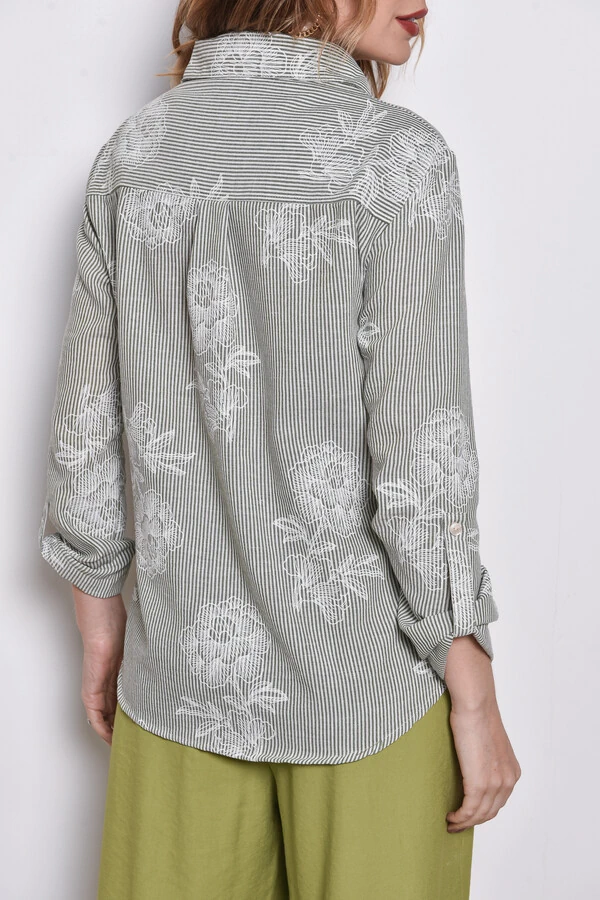 Camisa Textura Linho Listrada Floral Verde