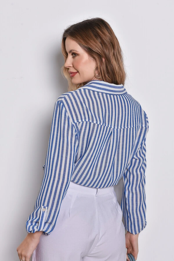 Camisa Textura Linho Listrada Floral Azul Marinho