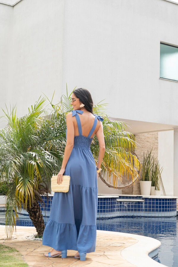 Vestido Longo Alça de Amarrar Azul