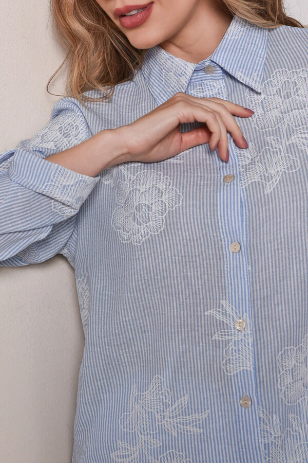 Camisa Textura Linho Listrada Floral Azul