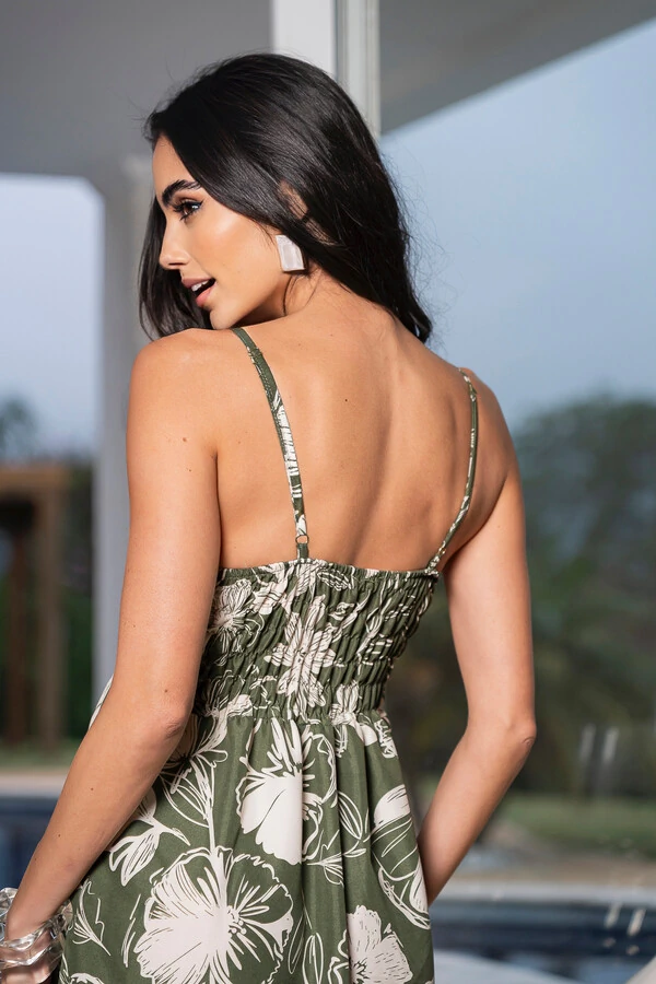 Vestido Longo Decote V Floral Verde