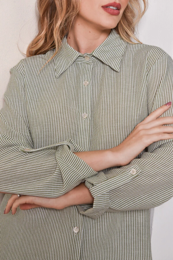 Camisa Textura Linho Listrada Verde