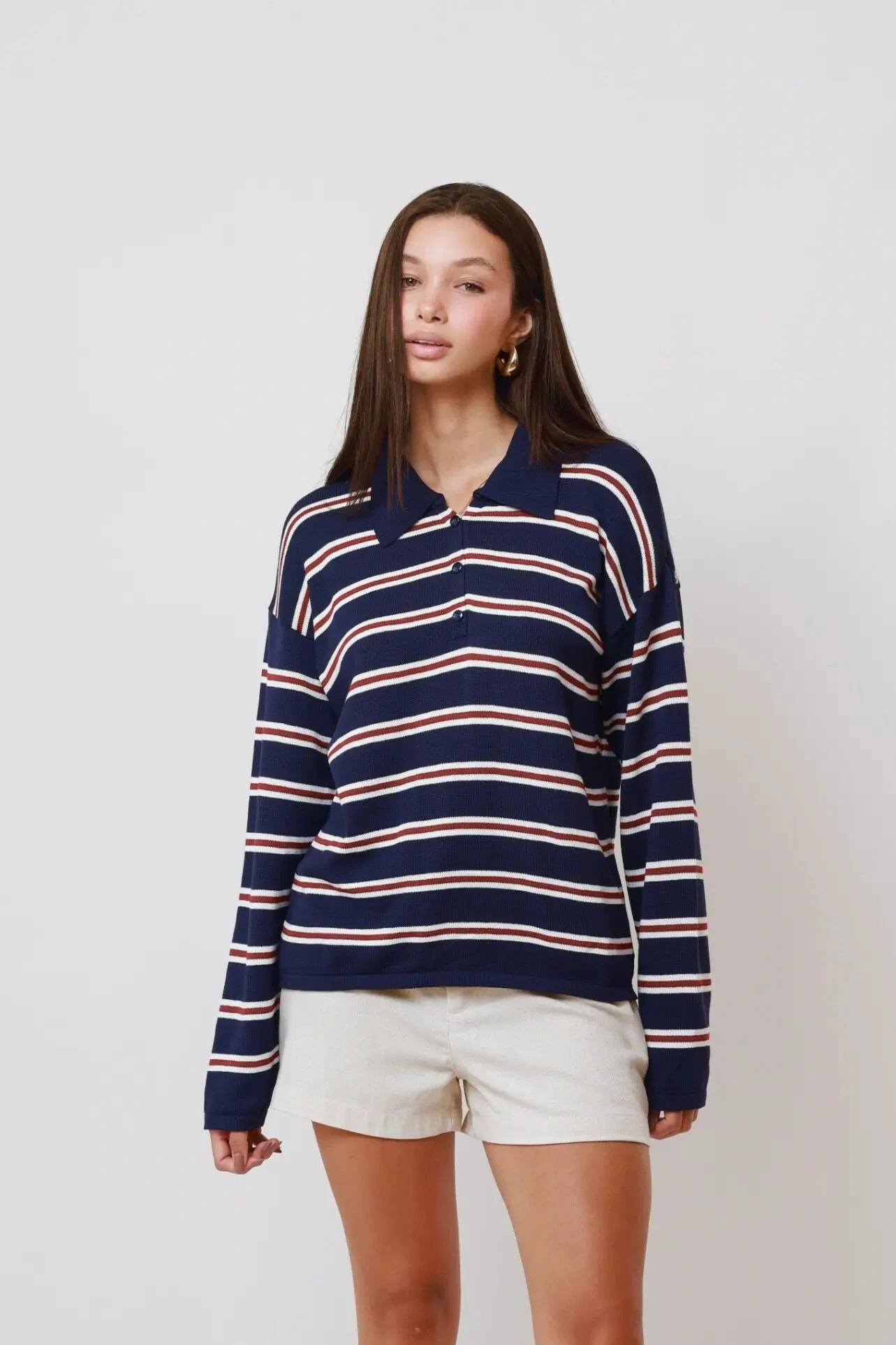 FotoBlusa Vintage Listrada Tricot Manga longa Polo