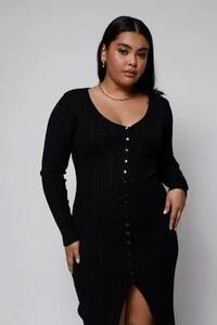 Vestido Manga Longa Botões Midi Tricot