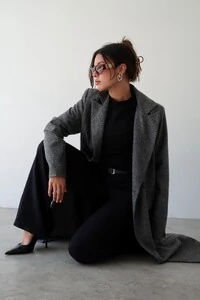 Casaco Sobretudo Espiga Chumbo Tweed Oversized