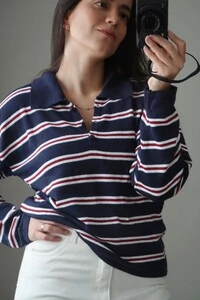 Blusa Vintage Listrada Tricot Manga longa Polo