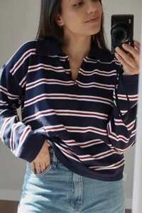 Blusa Vintage Listrada Tricot Manga longa Polo