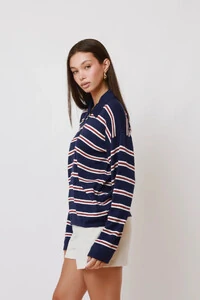 Blusa Vintage Listrada Tricot Manga longa Polo