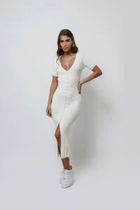 Vestido Botões Midi Tricot Premium Manga Curta