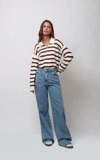 Blusa Vintage Listrada Tricot Manga longa Polo