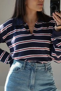 Blusa Vintage Listrada Tricot Manga longa Polo
