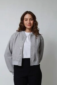 Jaqueta Bomber Cropped Lã batida Cinza