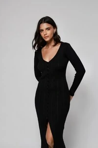 Vestido Manga Longa Botões Midi Tricot
