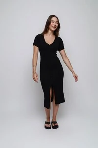 Vestido Botões Midi Tricot Premium Manga Curta