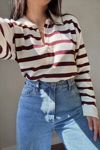 Blusa Vintage Listrada Tricot Manga longa Polo