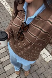 Blusa Vintage Listrada Tricot Manga longa Polo