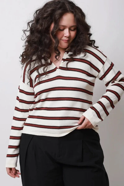 FotoBlusa Vintage Listrada Tricot Manga longa Polo