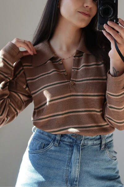 Foto Blusa Vintage Listrada Tricot Manga longa Polo