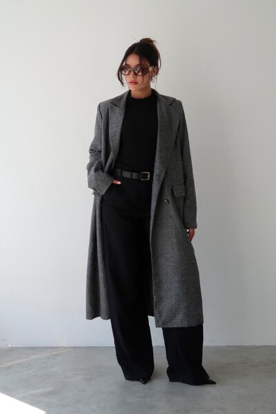 Foto Casaco Sobretudo Espiga Chumbo Tweed Oversized