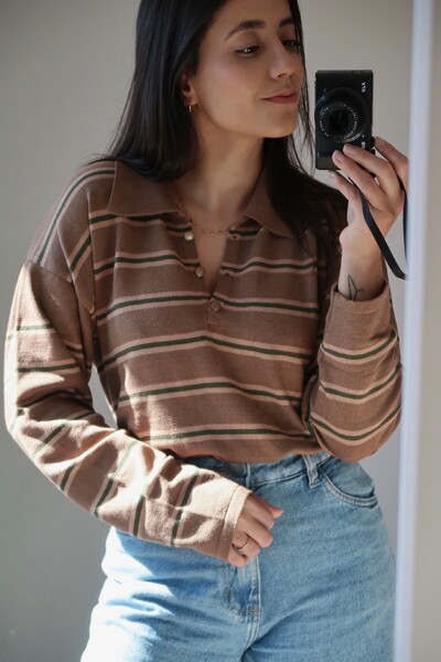FotoBlusa Vintage Listrada Tricot Manga longa Polo