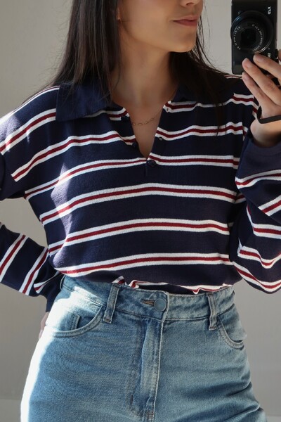 Foto Blusa Vintage Listrada Tricot Manga longa Polo
