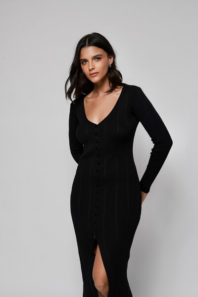 FotoVestido Manga Longa Botões Midi Tricot