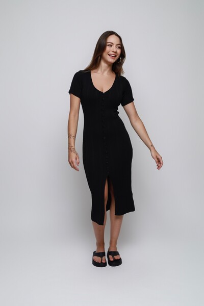 FotoVestido Botões Midi Tricot Premium Manga Curta