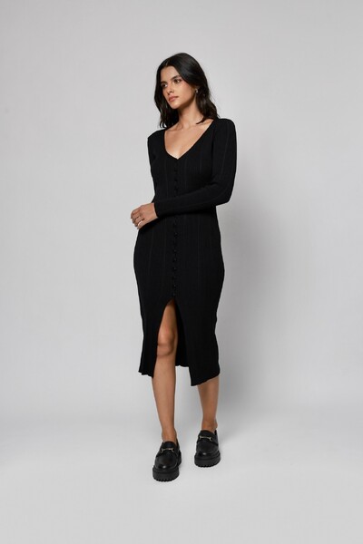 Foto Vestido Manga Longa Botões Midi Tricot