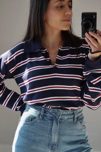 FotoBlusa Vintage Listrada Tricot Manga longa Polo