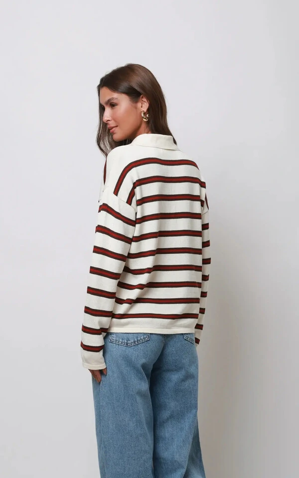 Blusa Vintage Listrada Tricot Manga longa Polo