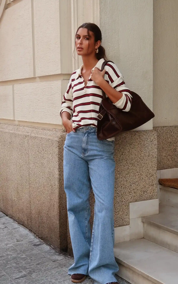 Blusa Vintage Listrada Tricot Manga longa Polo