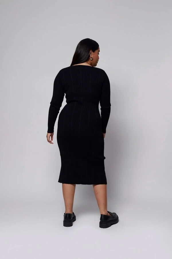Vestido Manga Longa Botões Midi Tricot