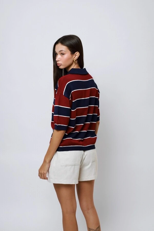 Blusa Listrada Gola Polo Manga Curta Tricot