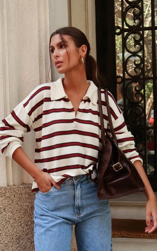Blusa Vintage Listrada Tricot Manga longa Polo