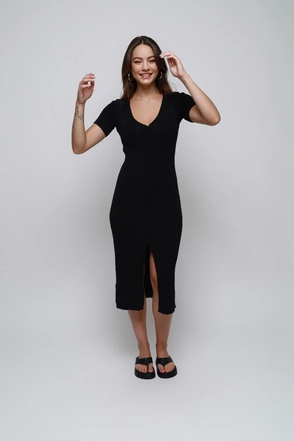 Vestido Botões Midi Tricot Premium Manga Curta