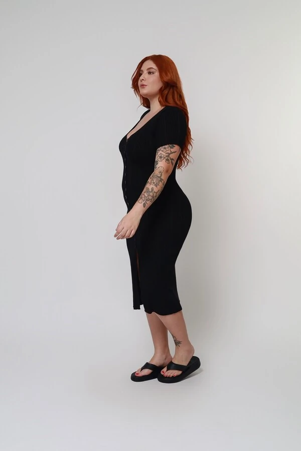 Vestido Botões Midi Tricot Premium Manga Curta
