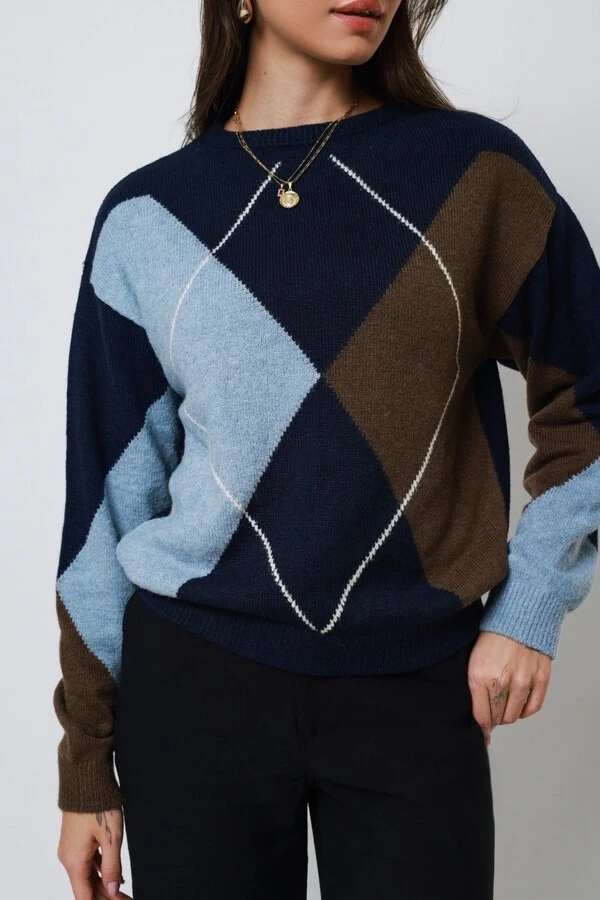 Blusão Xadrez Argyle Tricot Oversized