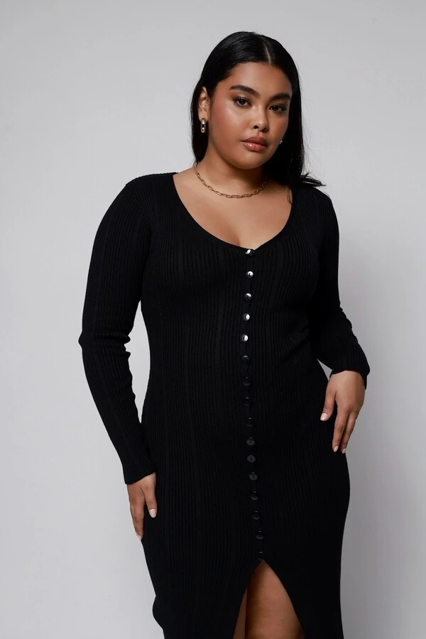 Vestido Manga Longa Botões Midi Tricot