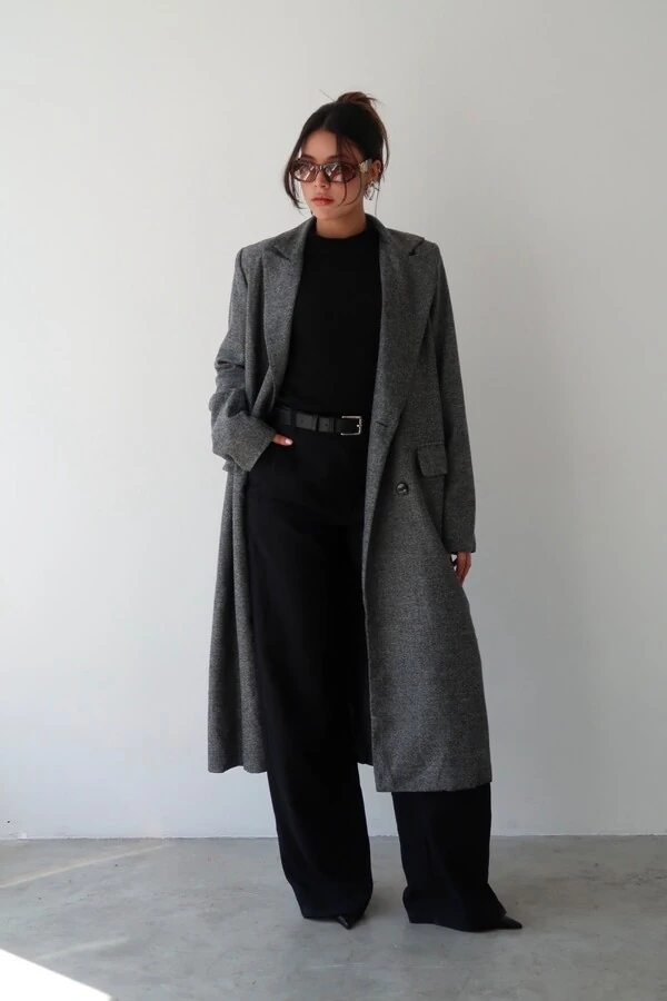 Casaco Sobretudo Espiga Chumbo Tweed Oversized