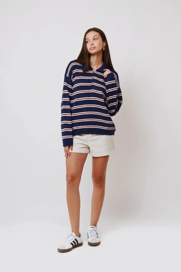 Blusa Vintage Listrada Tricot Manga longa Polo