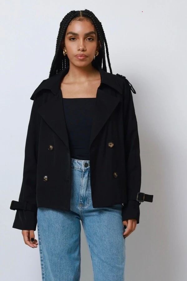 Jaqueta Trench Coat Curta Alfaiataria Com Cinto