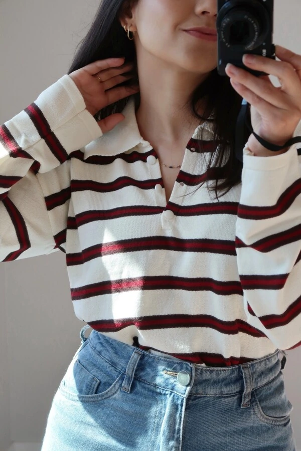 Blusa Vintage Listrada Tricot Manga longa Polo