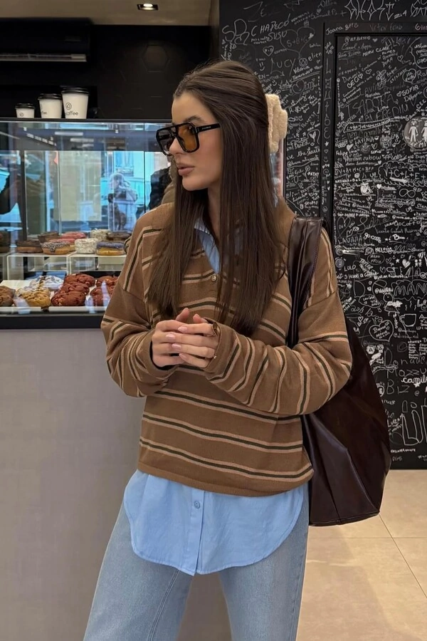 Blusa Vintage Listrada Tricot Manga longa Polo